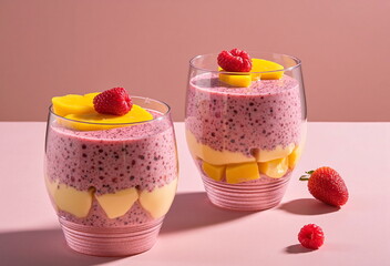 Two layered berry-mango smoothies in glasses are garnished with fresh fruit, presented against a soft pink backdrop.