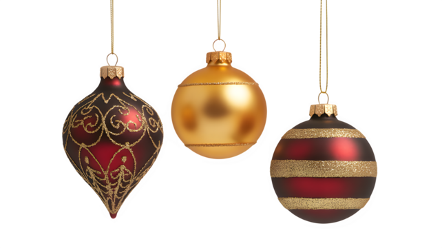 Hanging Red and Gold Christmas Ornaments Isolated on White