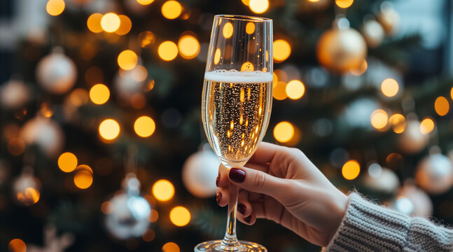 Hand holding a glass of champagne against a blurred Christmas tree. Female hand with red manicure toasting with prosecco during winter holidays. Festive New Year celebration