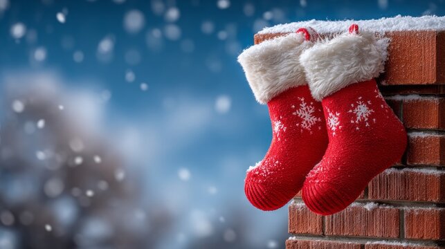 Two red and white christmas stockings are on a brick wall. The snow is falling and the sky is blue