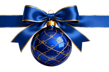 Elegant blue Christmas ornament with gold accents and matching bow for festive holiday cheer and winter celebrations, perfect for seasonal designs