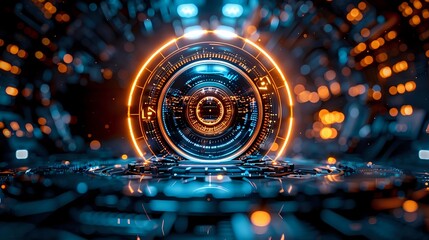 Futuristic glowing circular interface with orange and blue light effects against dark background, creating high-tech digital atmosphere.