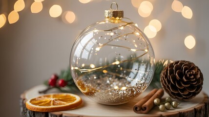 Elegant clear christmas ornament filled with fairy lights and surrounded by natural festive decorations