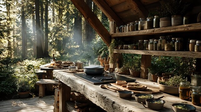 Rustic outdoor kitchen in forest with wooden countertop, jars on shelves, and sunlight filtering through trees.