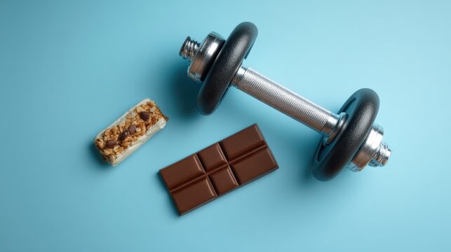 Weight Management Focus With Dumbbell and Protein Bar on a Blue Background, Promoting Diet and Fitness Goals