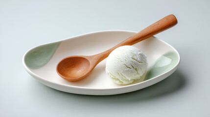Light green ice cream scoop in a white dish with a wooden spoon on a pastel background