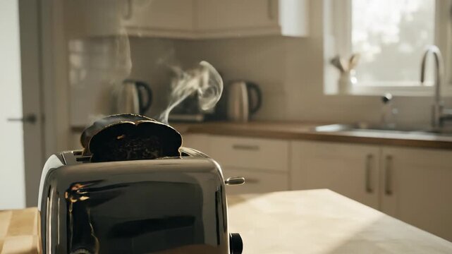 Burnt Toast in a Kitchen: A Time-Lapse of Overcooked Bread in a Toaster with Smoke