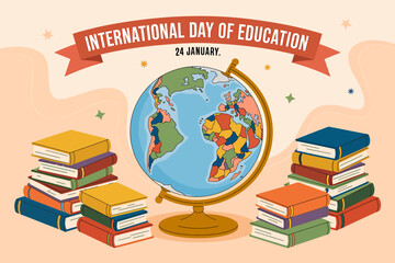 Celebrating international day of education on january 24th, this illustration features a world globe and colorful books, symbolizing global learning and knowledge