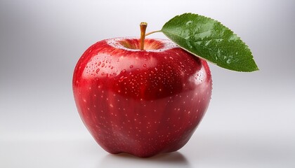 perfect red apple with a single leaf and dews on an isolated background