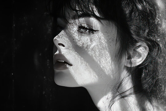 A black and white artistic portrait of a young woman in dramatic side lighting.  