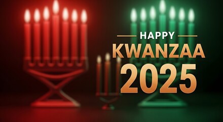 Happy Kwanzaa 2025 Celebration - Red and Green Kinara with Candlelight and Festive Glow