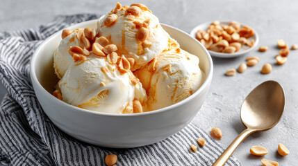 Creamy vanilla ice cream topped with crunchy peanuts served in a white bowl on a gray surface with a decorative napkin