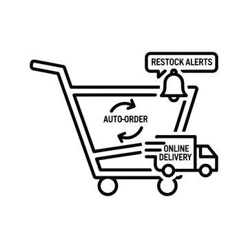 Outline icon of shopping cart with auto order, restock alert, and delivery