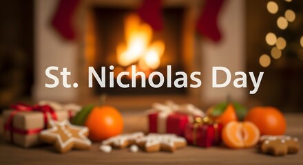 St. Nicholas Day the festive spirit of winter traditions with delightful holiday treats, small gifts, and sweet citrus fruits arranged warmly by a crackling fireplace