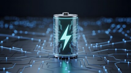 Glowing electric battery with a bright lightning bolt symbol powered by a futuristic digital circuit board