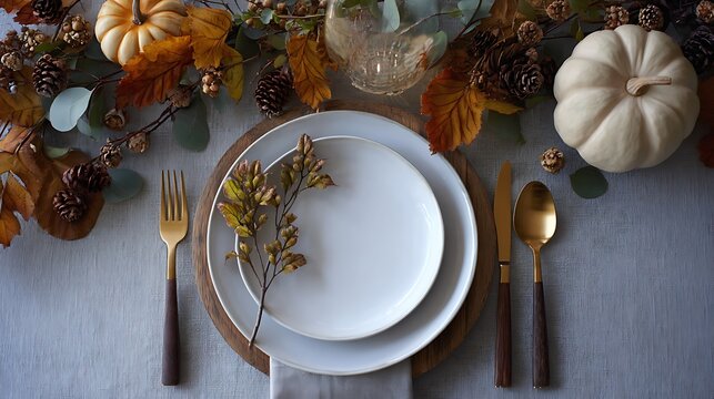 Elegant autumn table setting with pumpkins and fall foliage for a festive gathering