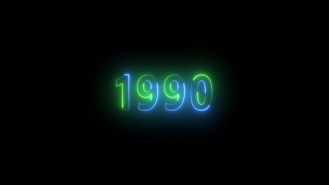 Neon 1990 text glowing blue and green on black background year retro