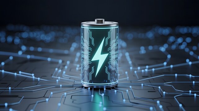 Glowing electric battery with a bright lightning bolt symbol powered by a futuristic digital circuit board - Powered by Adobe