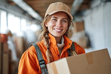 A cheerful young female warehouse or logistics worker wearing a cap and orange uniform, holding a package, symbolizing a happy career in trade and efficient delivery service.