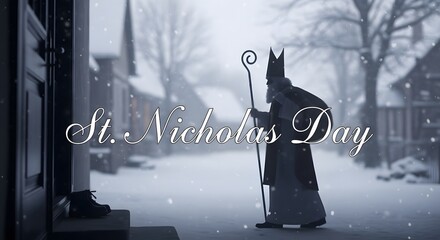 A traditional figure of Saint Nicholas arriving in a snowy European village, celebrating the winter holiday with falling snow