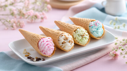 Assorted ice cream cones with vibrant colors and textures placed on a white plate, surrounded by flowers and pastel background