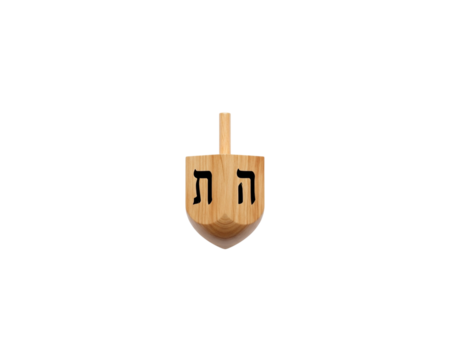 A dreidel with hebrew letters on its sides, appearing ready to spin or for display, set against a plain background
