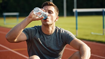 Exhausted athlete taking a break and hydrating with a bottle of water after an intense workout at the stadium during the summer season - Powered by Adobe