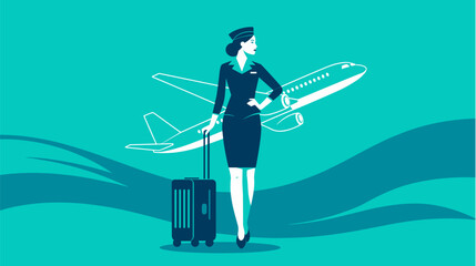 Stewardess with suitcase in front of airplane on blue background