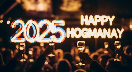 Vibrant New Year's Eve celebration with friends raising glasses in a festive toast, marking the arrival of 2025 with illuminated signs and a joyful atmosphere