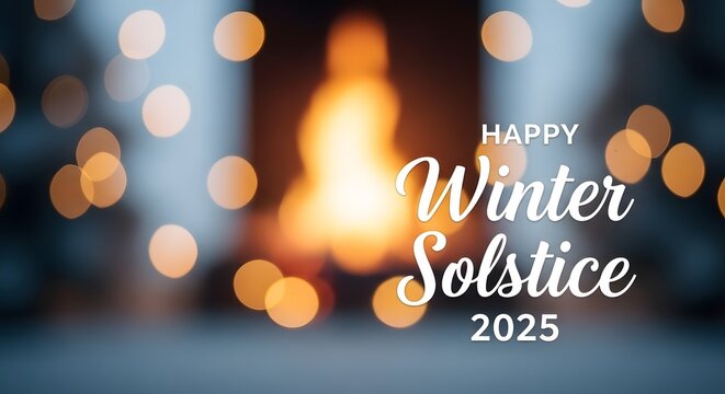 Warm and inviting holiday background with a glowing fireplace and soft bokeh lights, perfect for a Winter Solstice celebration greeting