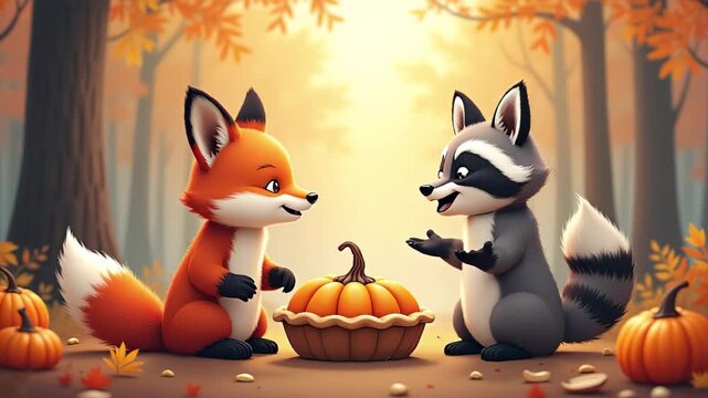 Cute fox and raccoon look at a pumpkin pie in autumn forest for Thanksgiving holiday. Friend animal cartoon character.