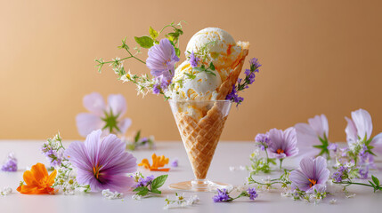 Waffle cone filled with vanilla ice cream, adorned with fresh edible flowers on a light background