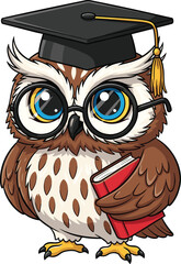 Cute smart academic owl mascot illustration with graduation cap, large round glasses, and red educational book, perfect for school, college, wisdom, knowledge, learning, and study concepts.