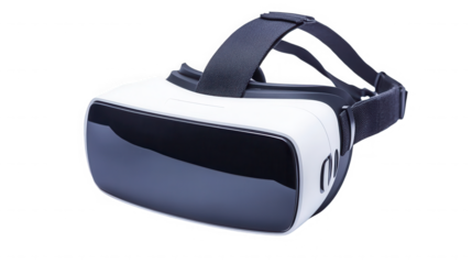 Isolated virtual reality headset with white and black design on a black background in high resolution on transparent background
