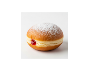 Freshly baked jelly donut with powdered sugar glaze, traditional sweet pastry dessert or Hanukkah sufganiyot food concept