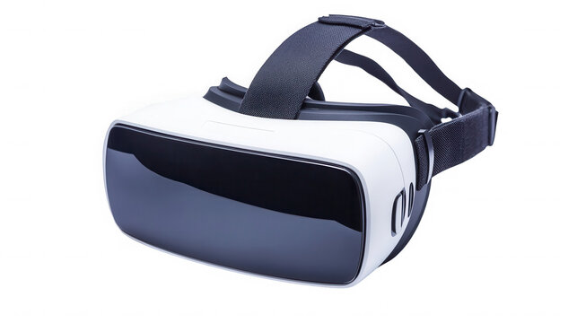 Isolated virtual reality headset with white and black design on a black background in high resolution on transparent background