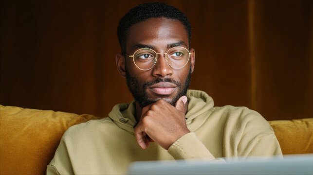 Portrait of a young african-american man sitting on a couch with a laptop in front of him. he is wearing a beige hoodie and has a pair of round, gold-framed glasses on.