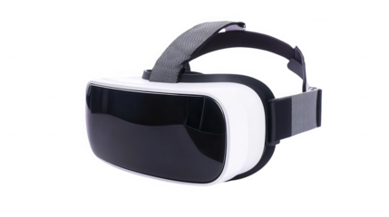 A close up shot of a virtual reality headset with a white frame and gray straps on a black background on transparent background