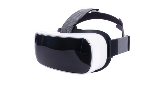 A close up shot of a virtual reality headset with a white frame and gray straps on a black background on transparent background
