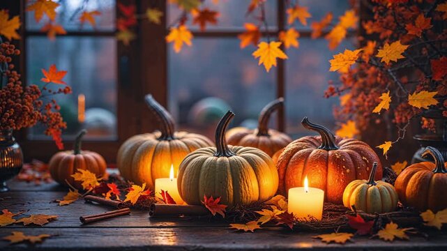 Gourds and pumpkins for Thanksgiving holiday celebration. Autumn season harvest display with fall leaves and lit candles.