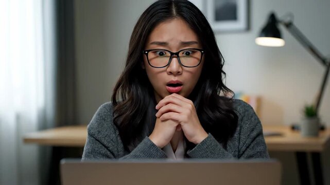 Surprised Asian woman looking distressed while reading upsetting news on her laptop. Anxious businesswoman staring at her computer screen in her home workspace