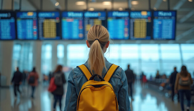 Woman with yellow backpack looks at flight departure board. People move through airport terminal. Traveler checks schedule for destination and gate. Flight information displayed digitally.
