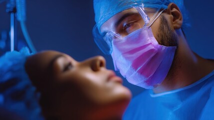 Close-up of a surgeon and a patient in an operating room. the surgeon is wearing a blue surgical gown, a surgical cap, and a face mask with a pink filter.