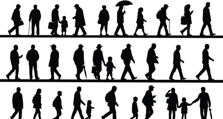 Large group of diverse black walking people silhouettes, representing a crowd of pedestria