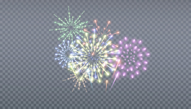 Colorful, sparkling fireworks explode against a transparent background. These vibrant, festive fireworks explode with neon sparks and glittering light effects.