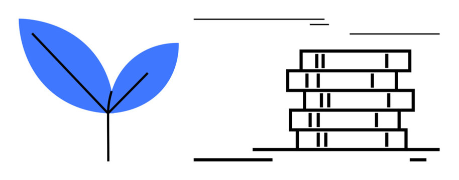 Blue leaf paired with stacked blocks symbolizes growth, sustainability, harmony, and balance. Ideal for business, ecology, development, innovation learning productivity and adaptation. A simple