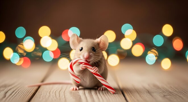 Adorable small mouse holding a festive candy cane with blurred colorful christmas lights in the background