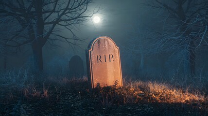 Eerie glowing tombstone in a foggy graveyard under a full moon at night