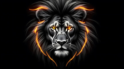 Digital artwork of stylized lion head with glowing orange lines and intense eyes on black background, creating powerful and fierce expression