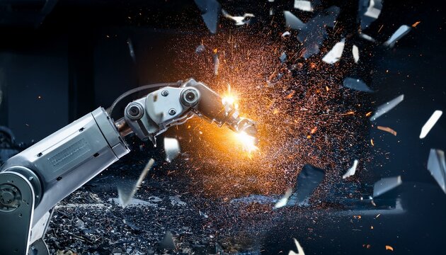 robotic arm amidst shattered glass and sparks